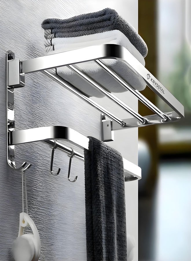 KRYSSTAL Towel Holder in Bathroom - Towel Hanger for Wall,TwinFlex 304 Stainless Steel Foldable Towel Rack, Rustproof Wall Mounted Bathroom Shelf with Hooks, Heavy Duty Bathroom Accessories,24 Inch, Silver - Image 1